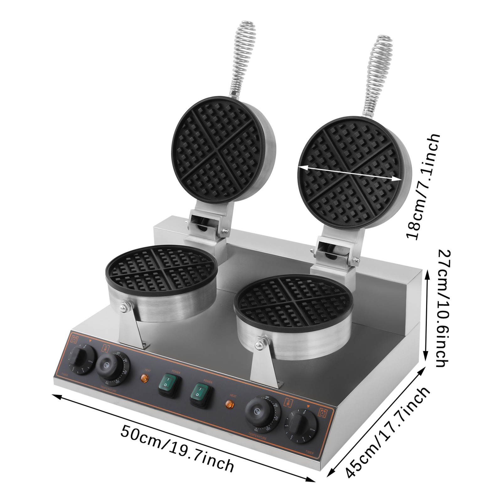 Dual Heating Plates Waffle Maker 2.4kW Adjustable Temp/Time Non-Stick Mold