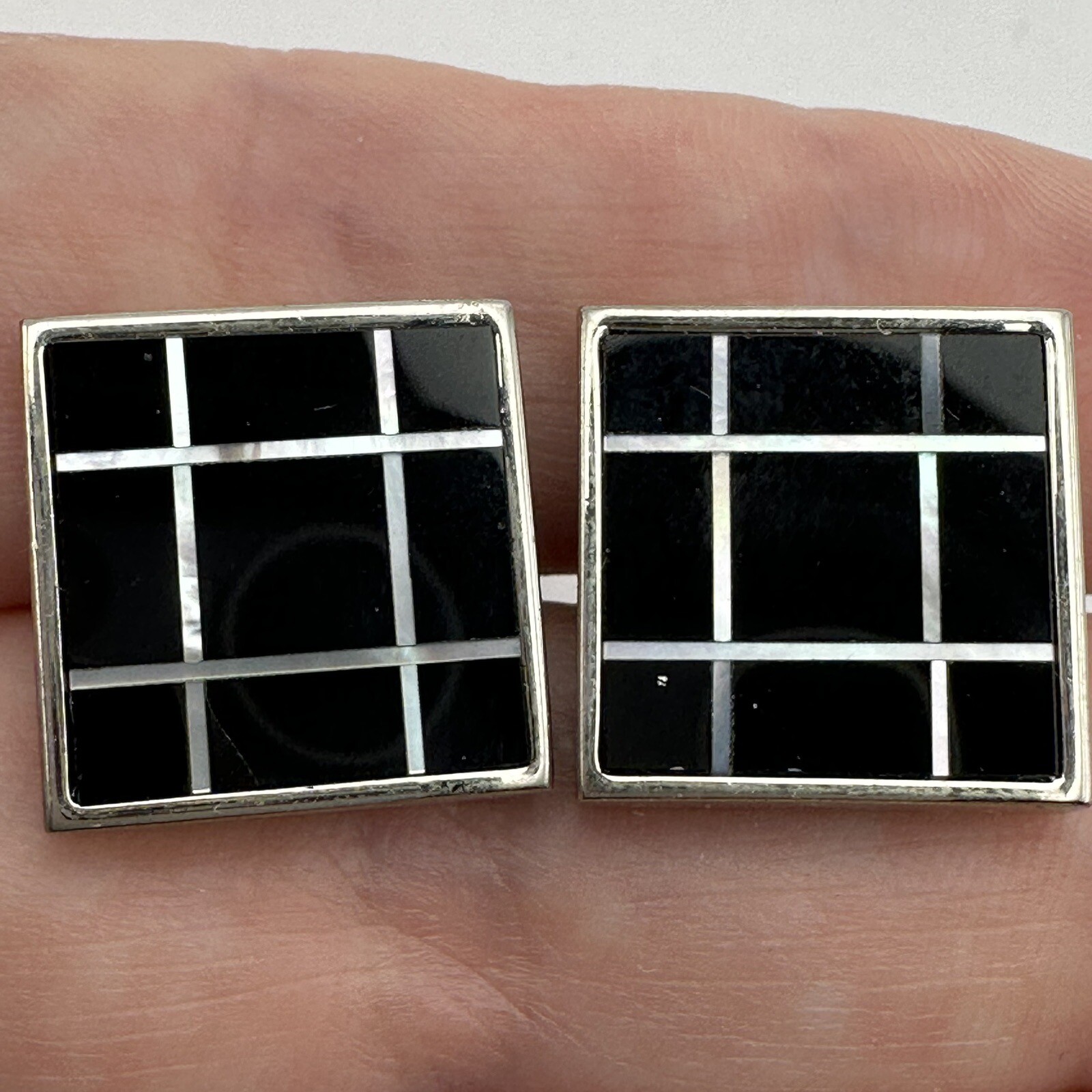 Modernist Black White Cufflinks Onyx Mother Of Pearl Square Geometric Pair