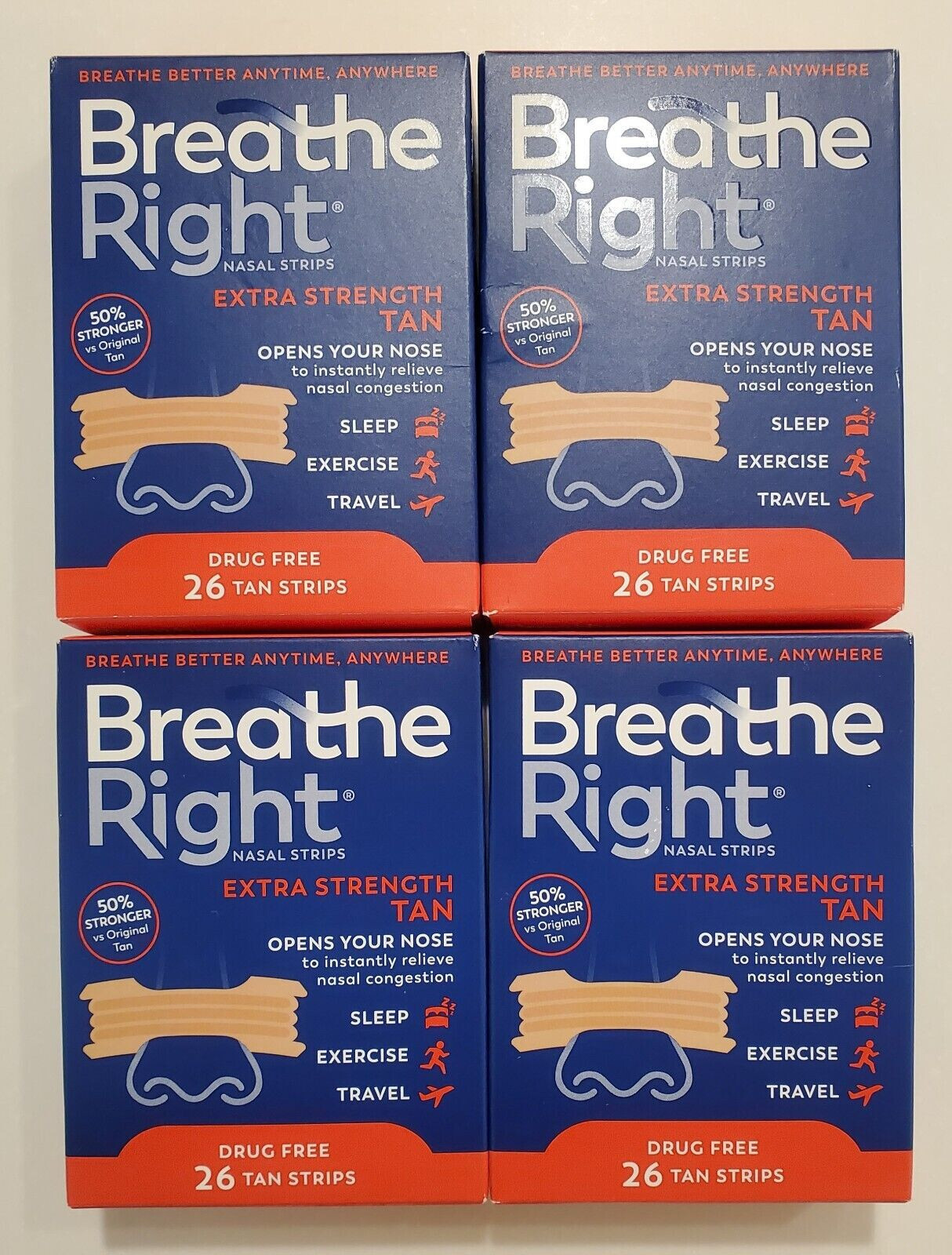 104 BREATHE RIGHT NASAL STRIPS, EXTRA STRENGTH TAN ( 4 x 26 Ct Boxes ) EXP 2028