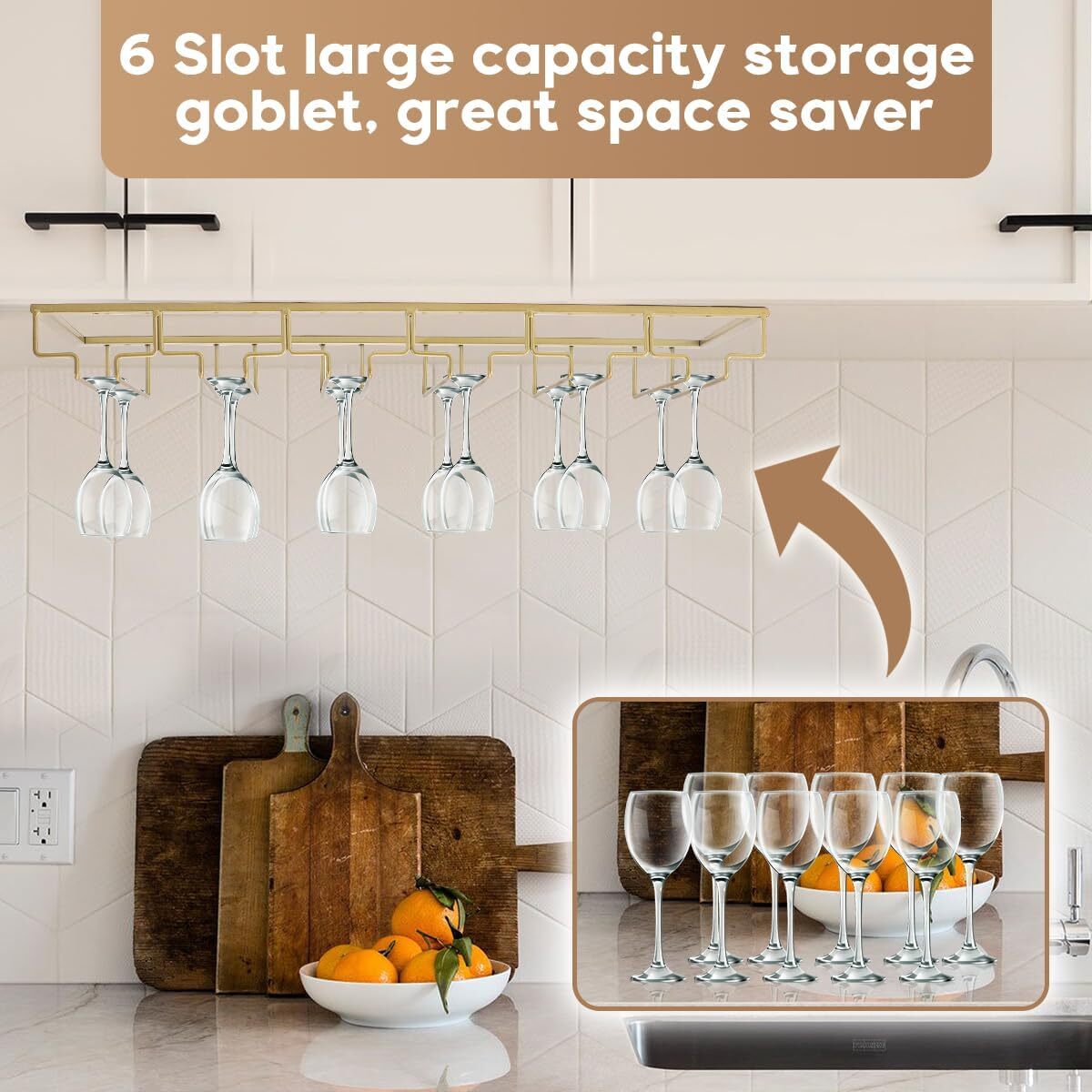 Wine Glass Rack Under Cabinet, 6 Row Extreme Large Stemware Hanger