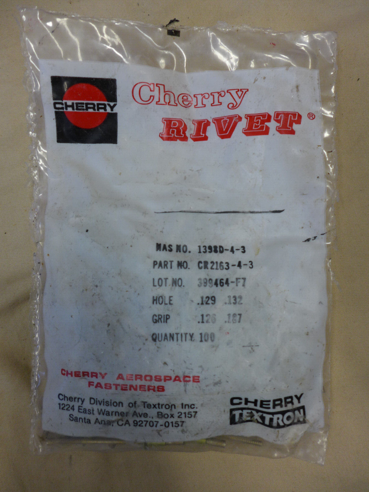 Cherry Textron/Cherry Lock BLIND RIVET #CR2163-4-3, NAS1398D-4-3 NEW Bag of 100