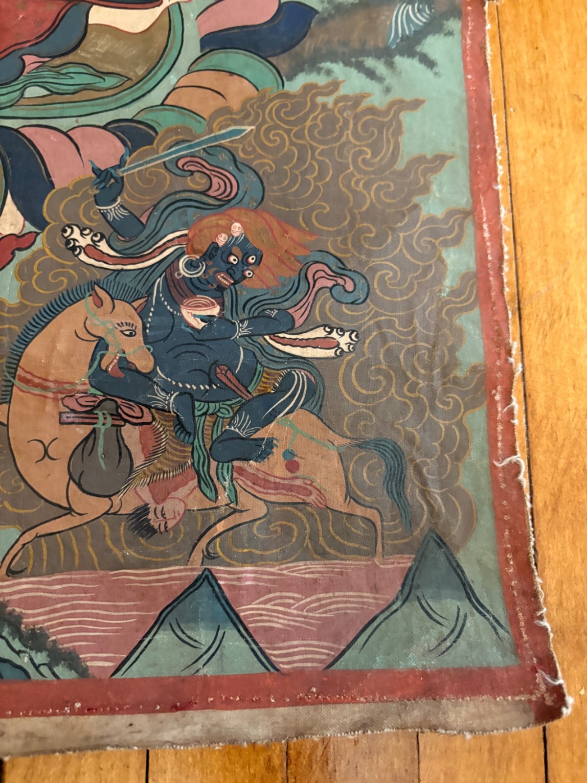 Mahakala Tibetian Thangka Painting on fabric - early 20th Century 28" x 19"