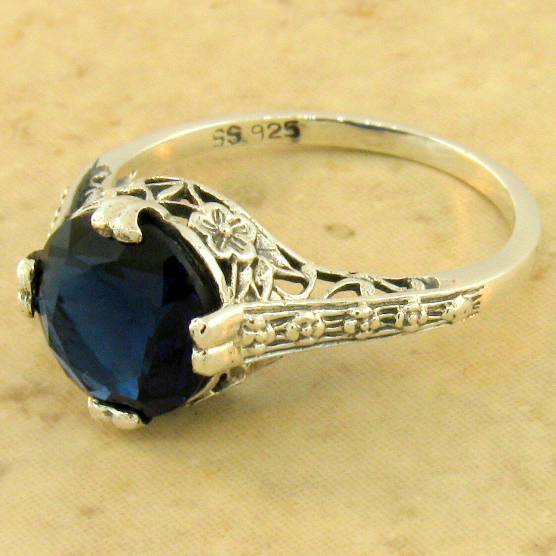 ENGAGEMENT WEDDING ART DECO STYLE 925 SILVER SIMULATED SAPPHIRE RING 1162X