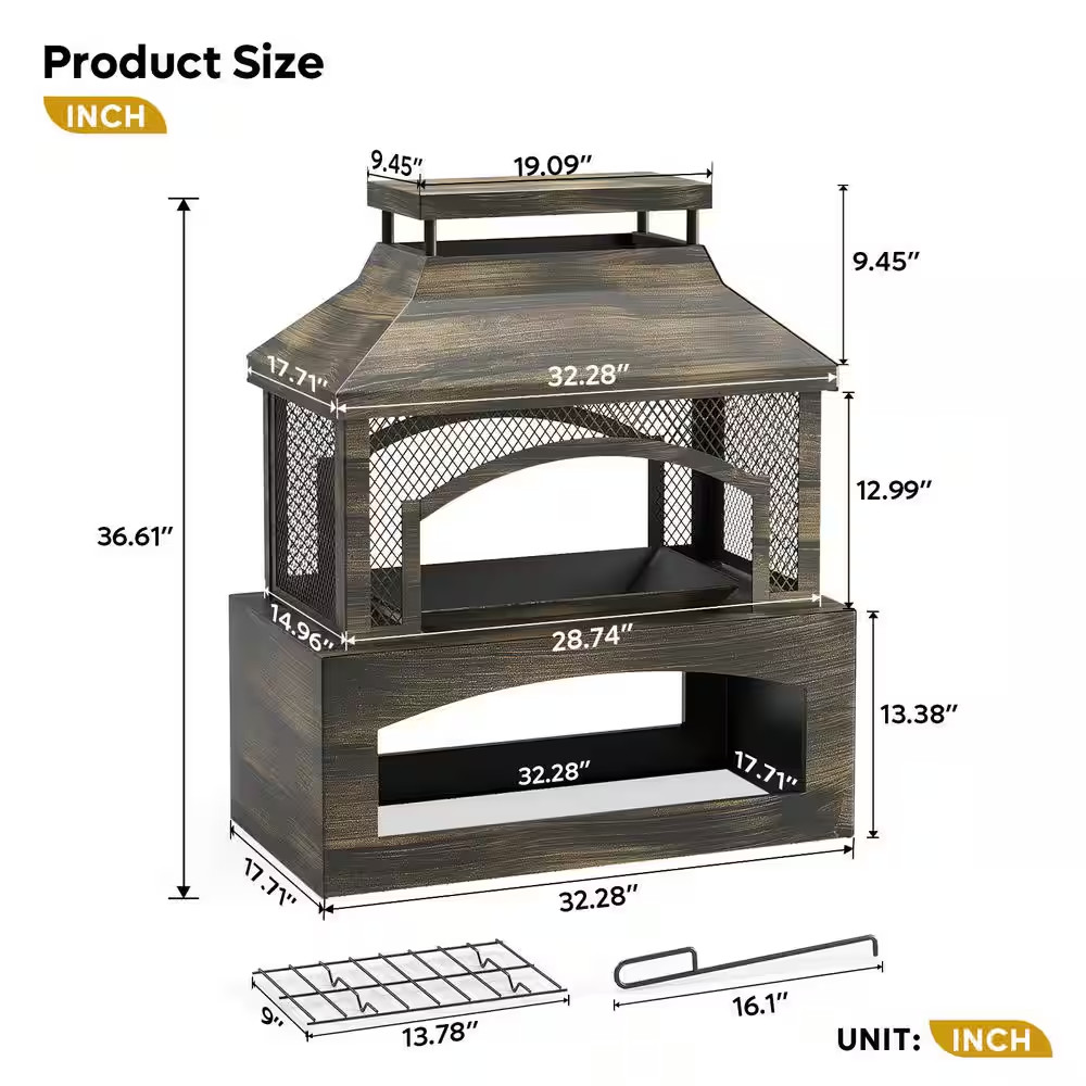 37 In. Steel Outdoor Wood Burning Fireplace with Wood Storage Rectangular Freest