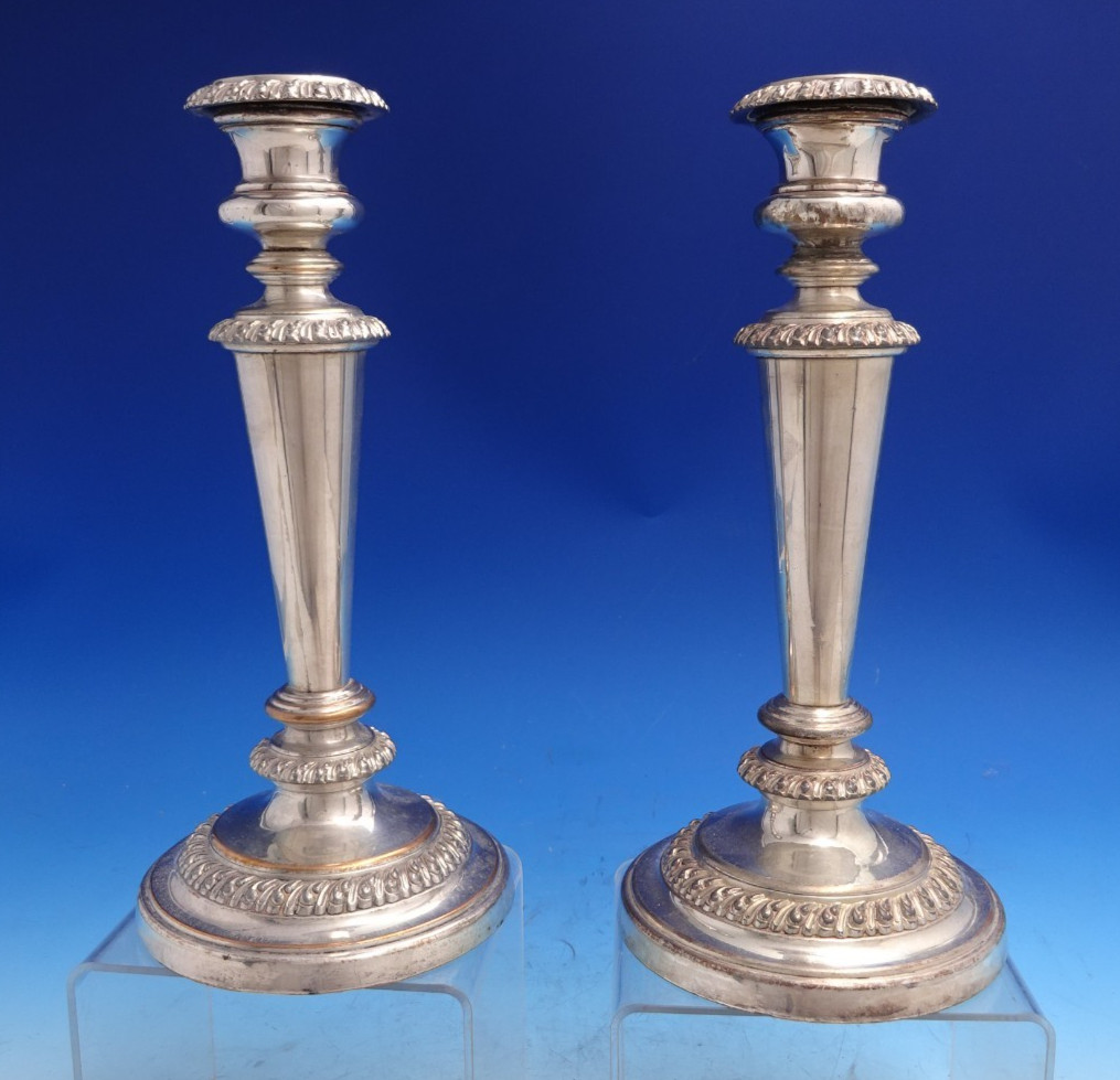 English Sheffield Silver on Copper Candlestick Pair 10 1/2" x 4 5/8" (#8554)