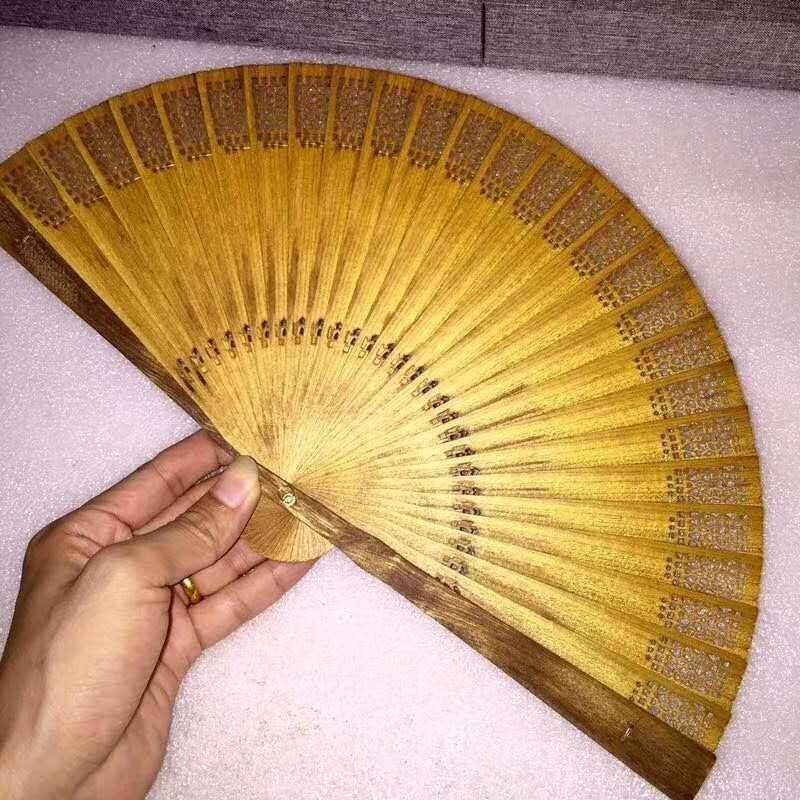 Golden Nanmu Fan Chinese Style Handmade Mini Su Fan Tassel Decor Portable