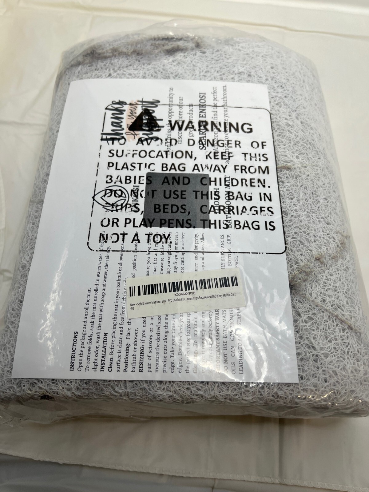 Enkosi Loofah Shower Mat with Drain Hole (24x47 Marble Grey)