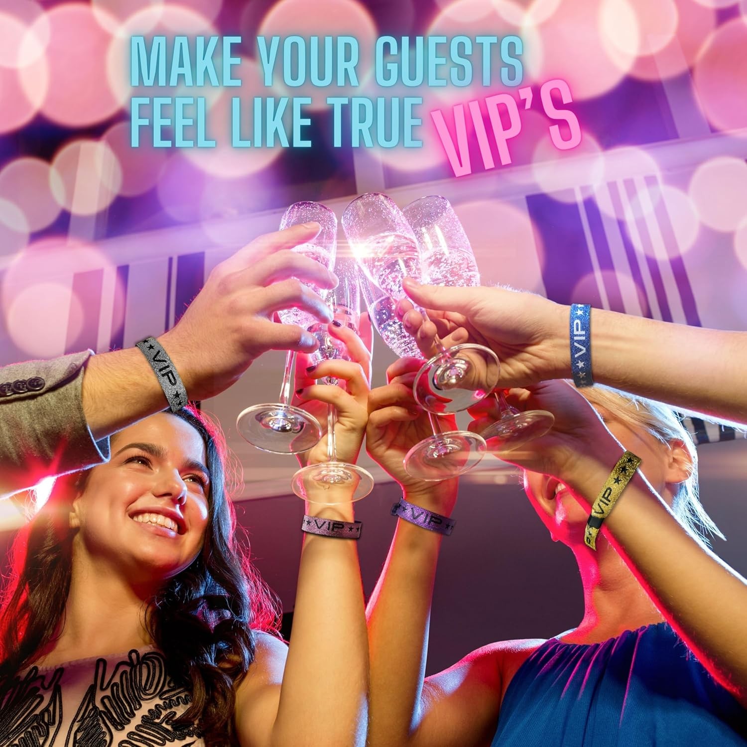 100 Pack Silver Sparkle VIP Party Wristbands with Secure Locking Clip. Must Have