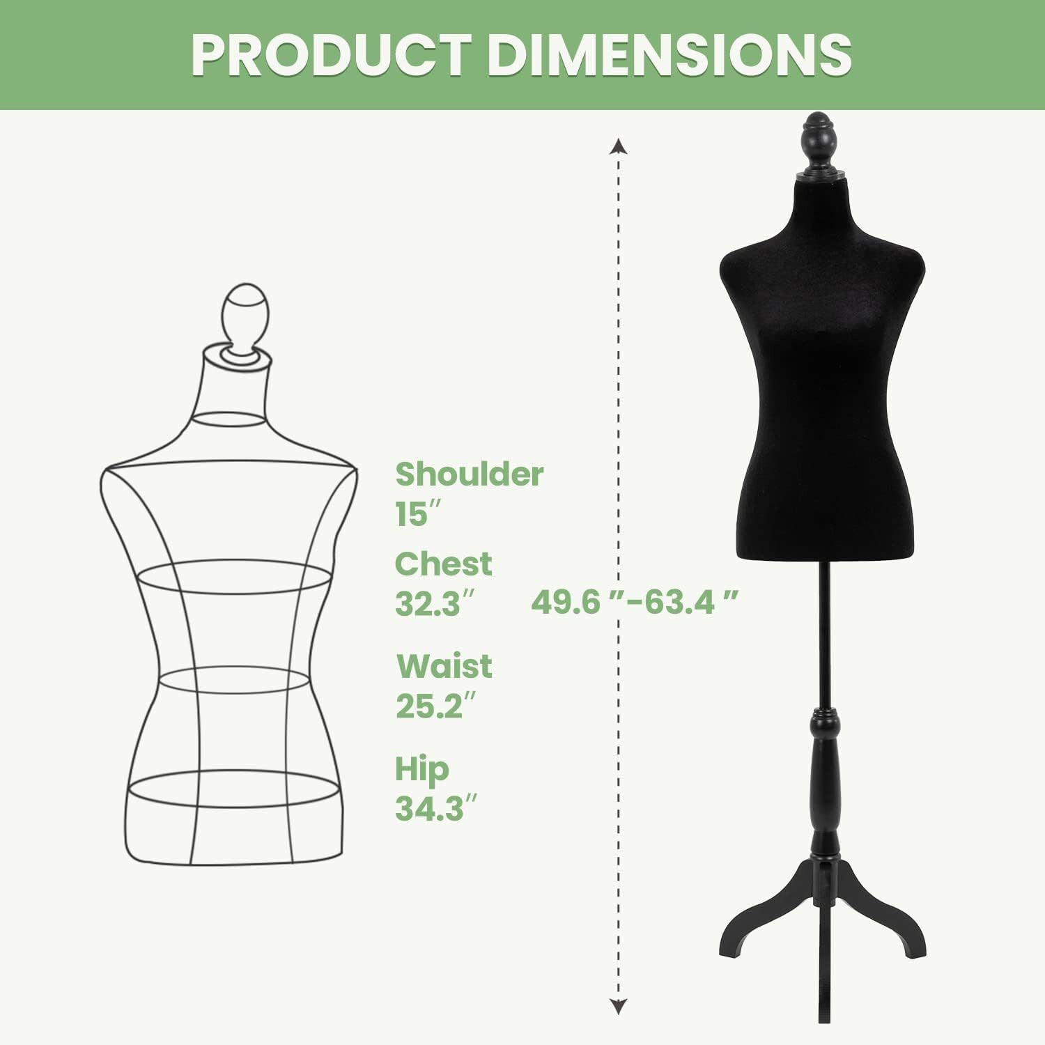 Mannequin Body Dress Form Torso Female Manikin 49.6-63.4 Inch Height Adjustable