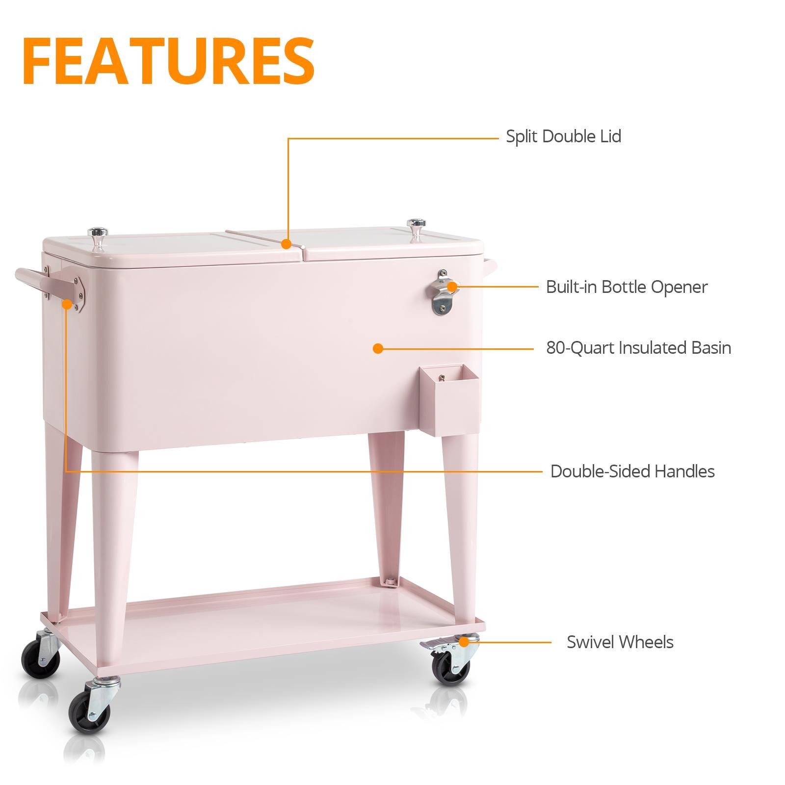 80 Quart Rolling Ice Chest on Wheels,with Shelf, Bottle Opener for Party Camping