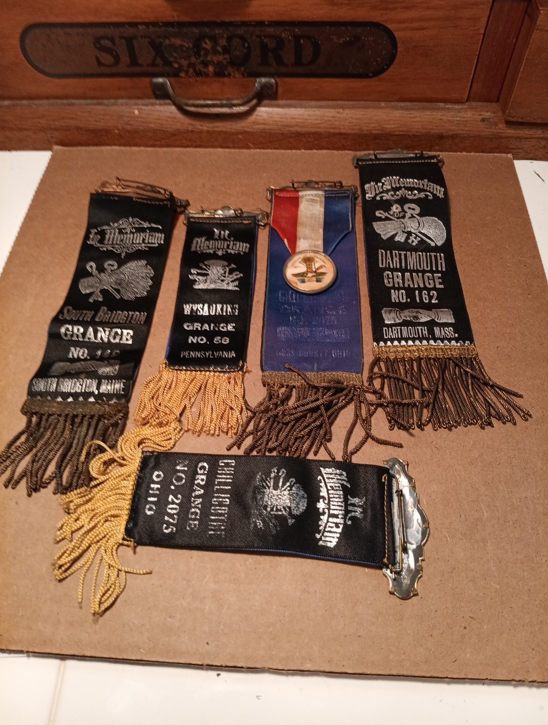 5 Original Patrons Of Husbandry Ribbons Various City's. All Complete Medals