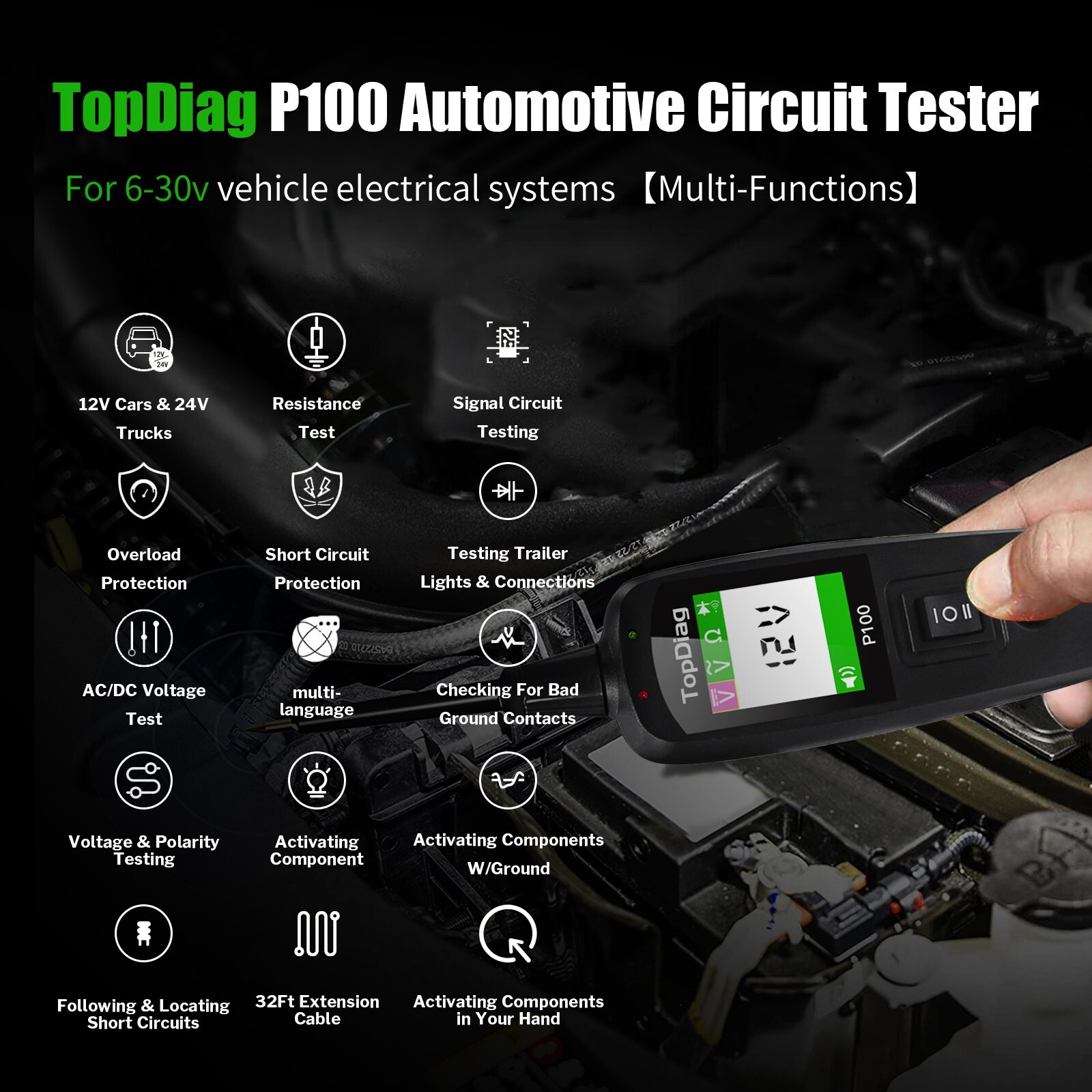 TopDiag P100 12V 24V Electrical Car Circuit Tester Power Probe Diagnostic Tool