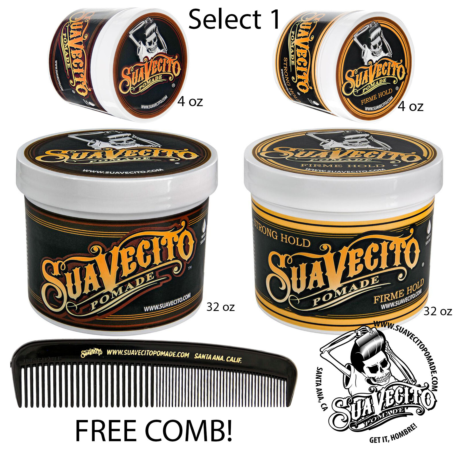 Suavecito Original or Firme (Strong) Hold Pomade 4 oz. or 32 oz.