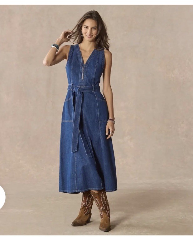 NEW! SUNDANCE LIVING CATALOG Women Poppy Denim Dress Dark Blue Wash Belted SZ 8