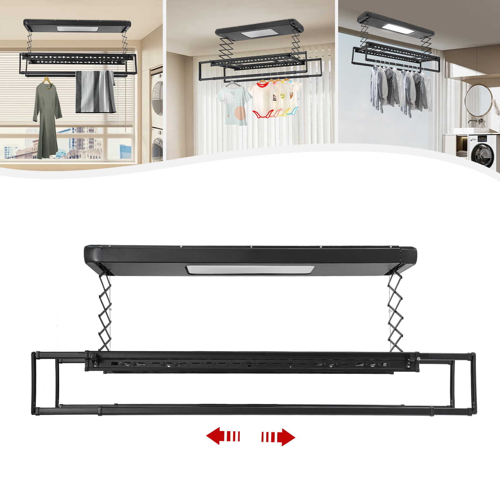 Wall and Ceiling Clothesline, Electrical Drying Rack w/ 8 Rod & Light Up Lamps