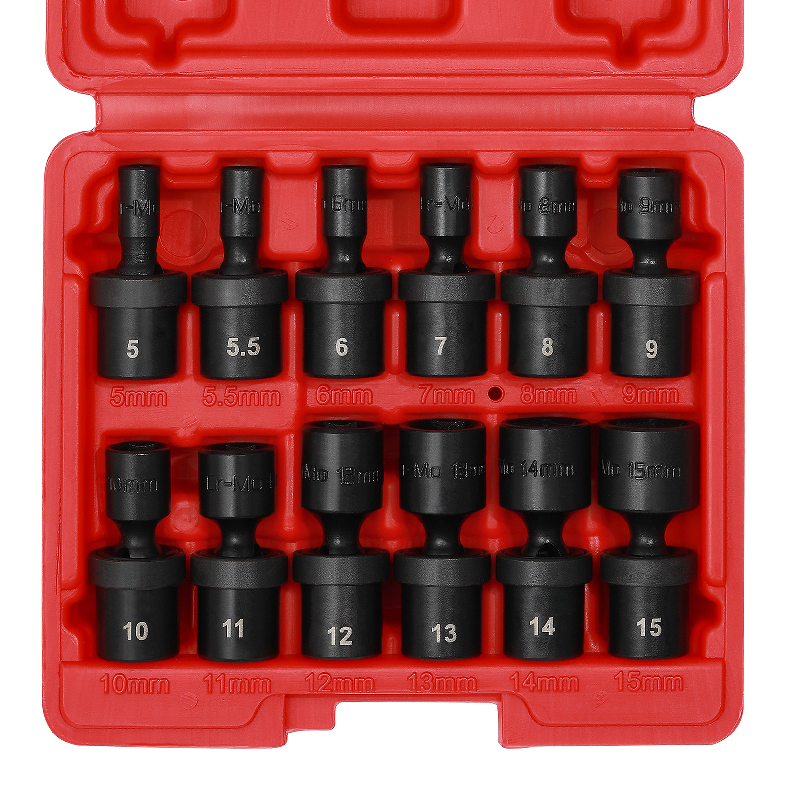 12pcs 1/4-Inch Impact Socket Set Metric 5mm to 15mm 6-Point Cr-Mo Swivel Socket