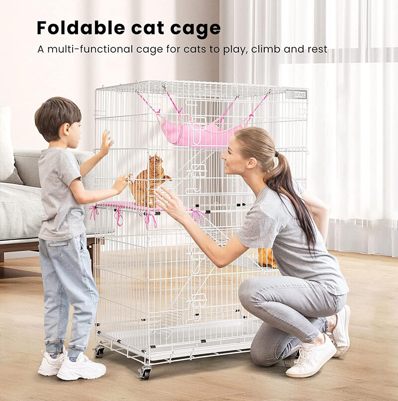4-Tier Large Folding Cat Cage Crate Playpen w/Climbing Ladders/Platforms/Wheels