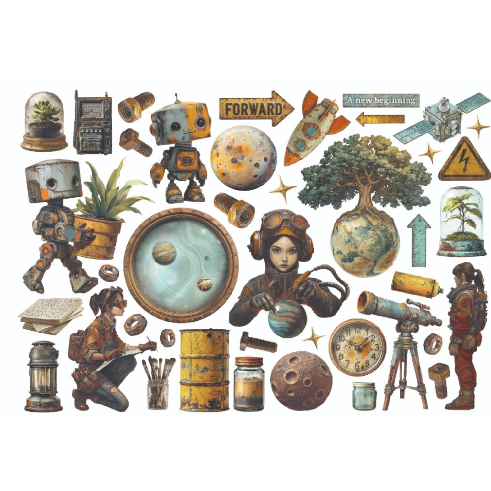 Stamperia A New Beginning Ephemera Assorted Die Cuts Adhesive Scrapbook Robots