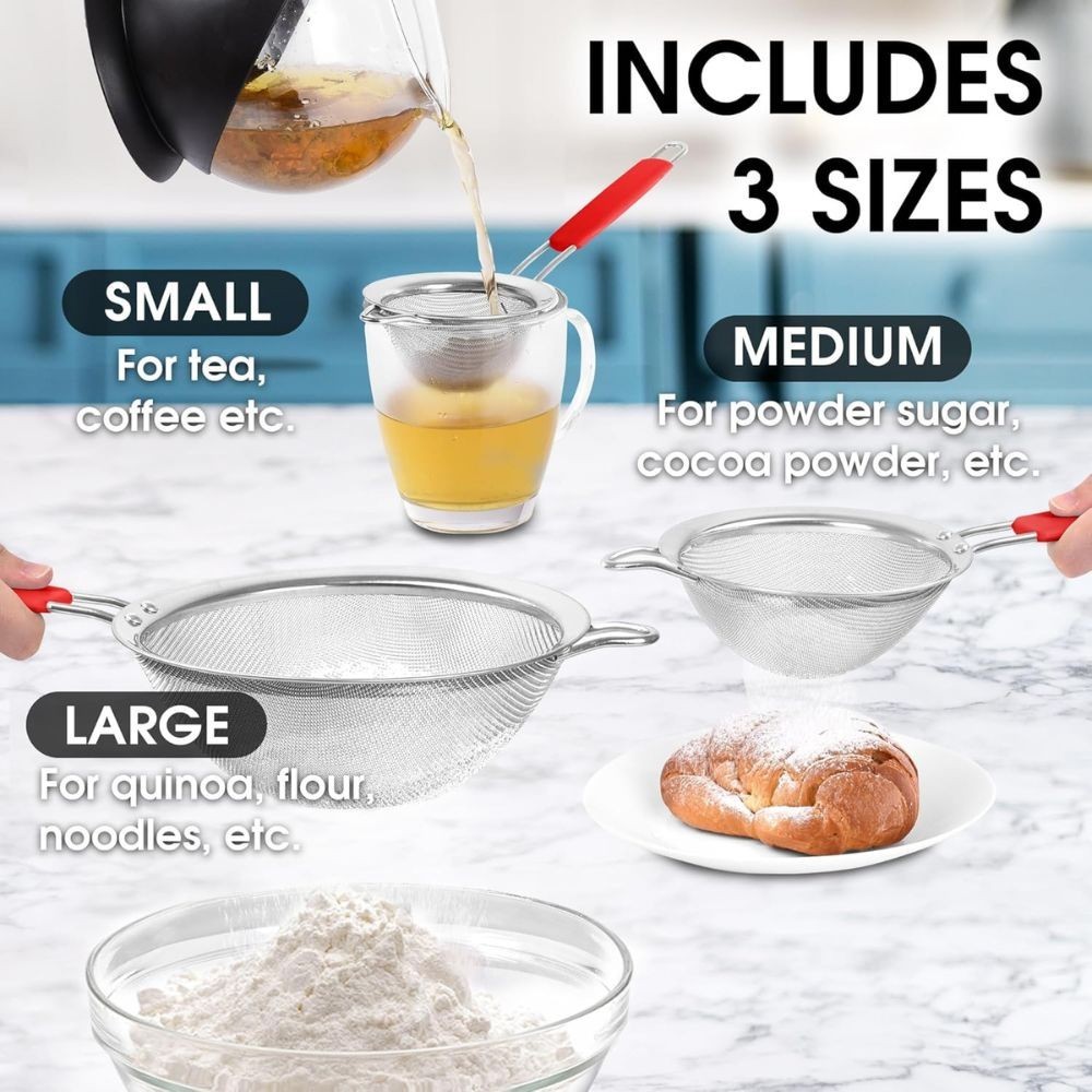 Premium Stainless Steel Fine Mesh Strainer Set of 3 – Kitchen Sieves