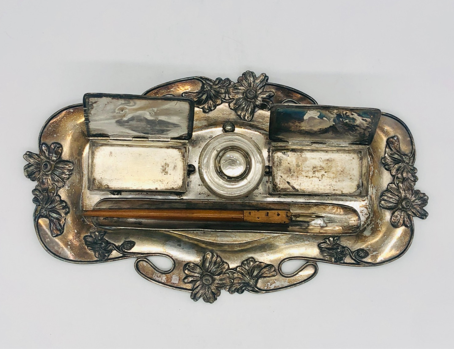 Antique 1905 Derby Silver Co. Art Nouveau Inkwell Set - Engraved #1778 - USA