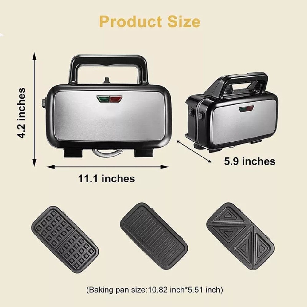 1Pack 3-In-1 Belgian Waffle Maker Machine Sandwich Iron Non-Stick Plate 1300W