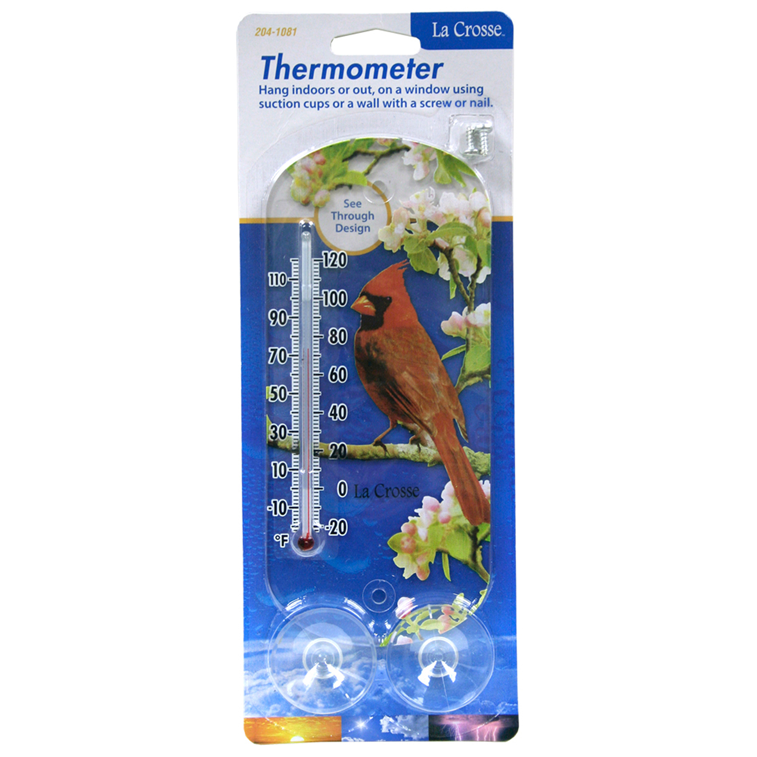 204-1081 La Crosse 8" Indoor/Outdoor Clear Window Thermometer - Cardinal