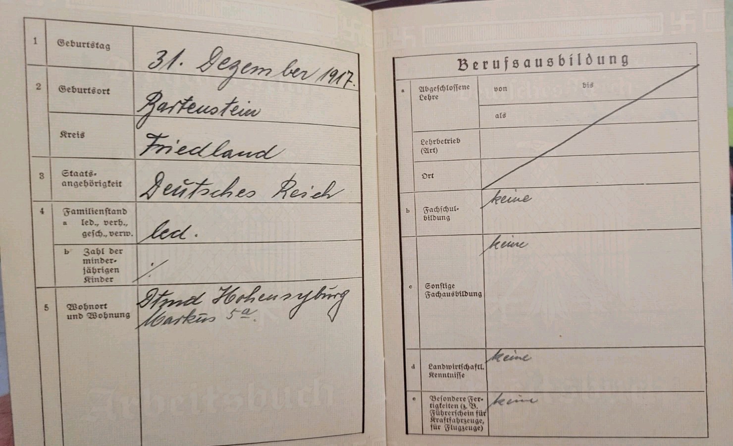 ORIGINAL GERMAN ARBEITSBUCH (EMPLOYMENT) BOOK FOR HERTA WALTER CPICS-RD DESCRIPT
