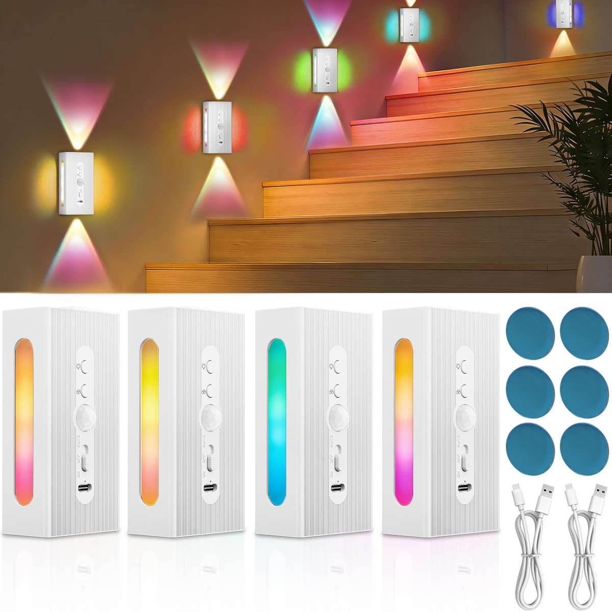 Magnetic Rechargeable LED Smart RGB Motion Sensor Ambient Wall Step Night Lights