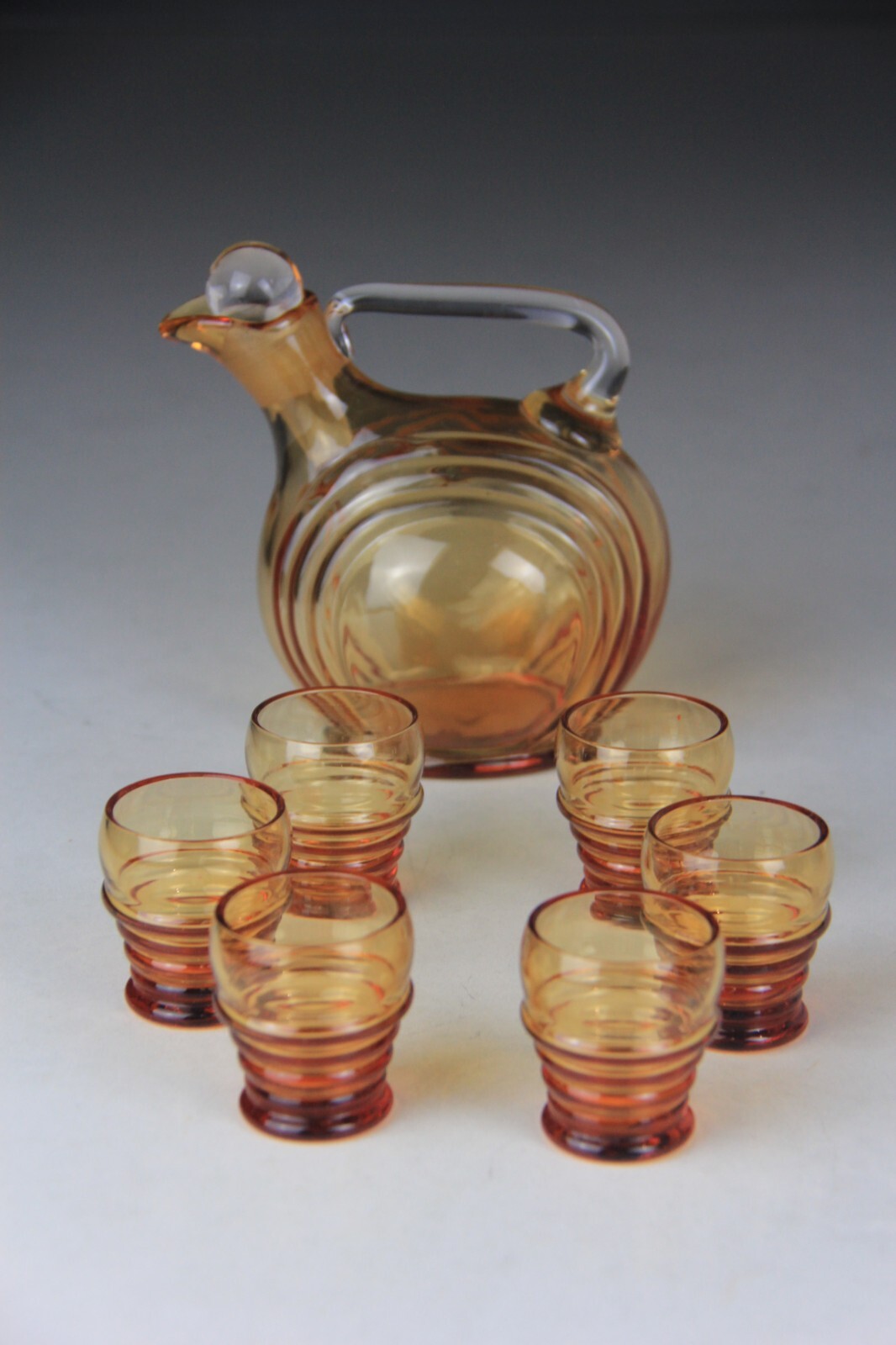 Scarce Cambridge Glass Amber Nautilus Decanter w/6 Small Cordials Tumblers