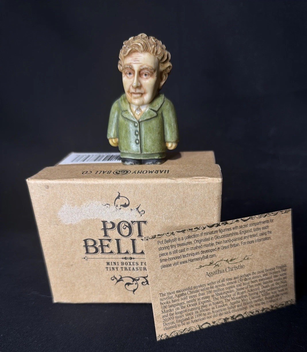 Agatha Christie Pot Belly Retired Figurine w Box Card Book Knife Inside