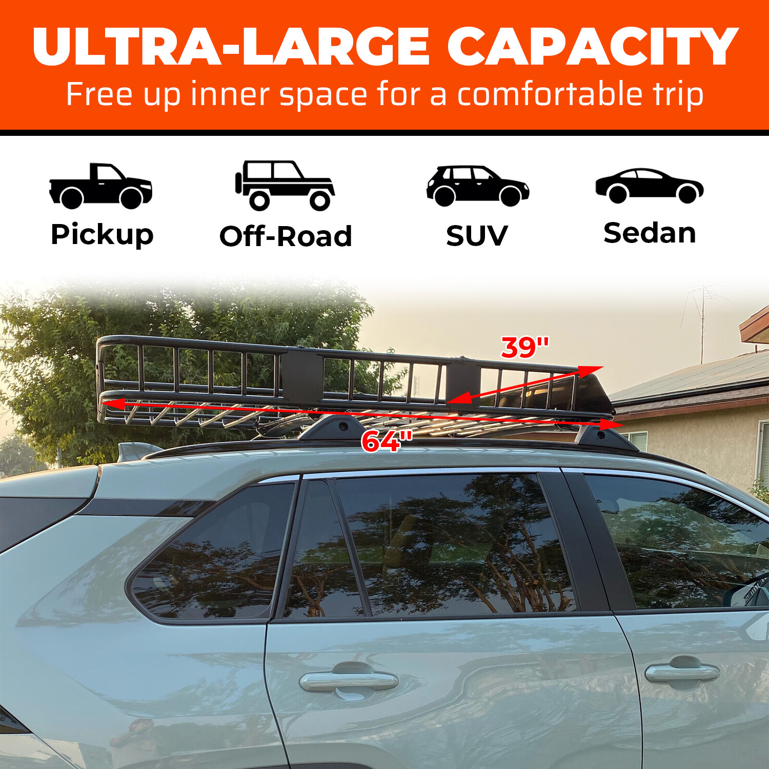 64" Universal Black Roof Rack Cargo Carrier w/ Extension Luggage Hold Basket SUV