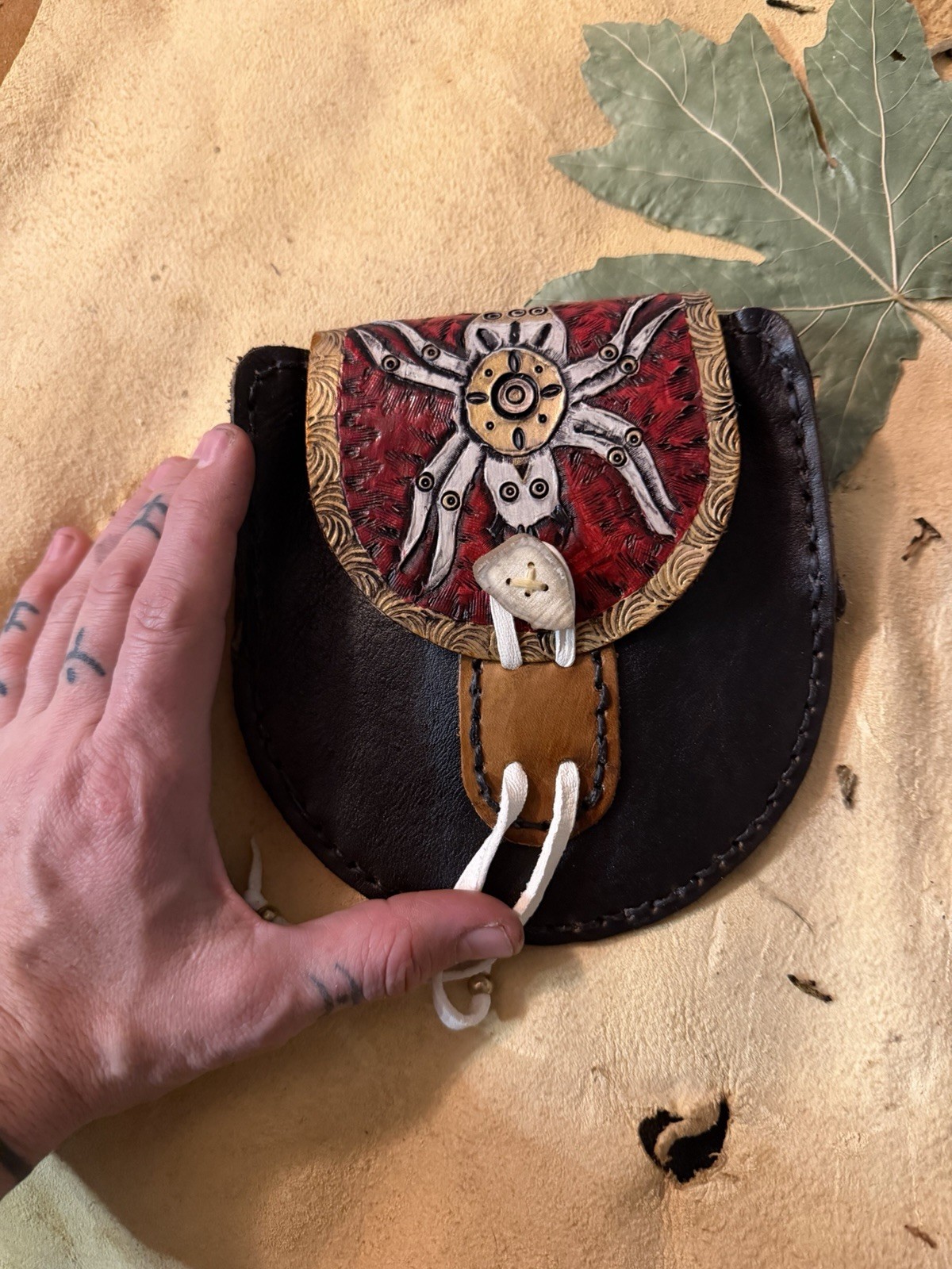 Cherokee Water Spider Bag Leather Tooling Native Made Hip Pouch