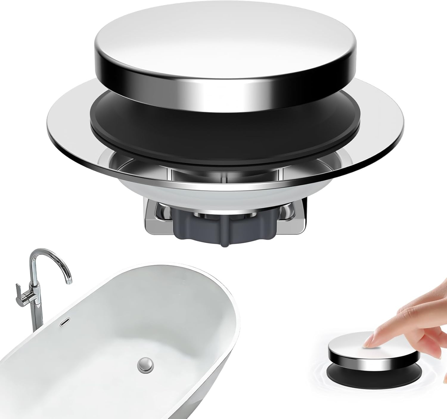 3-in-1 Universal Metal Bathtub Drain Stopper with Hair Catcher and Filter