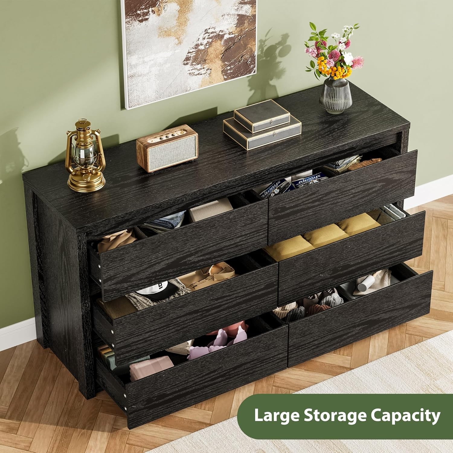 6 Drawers Dresser for Bedroom,Wide Wood Chest of Drawers Handle Free,Black