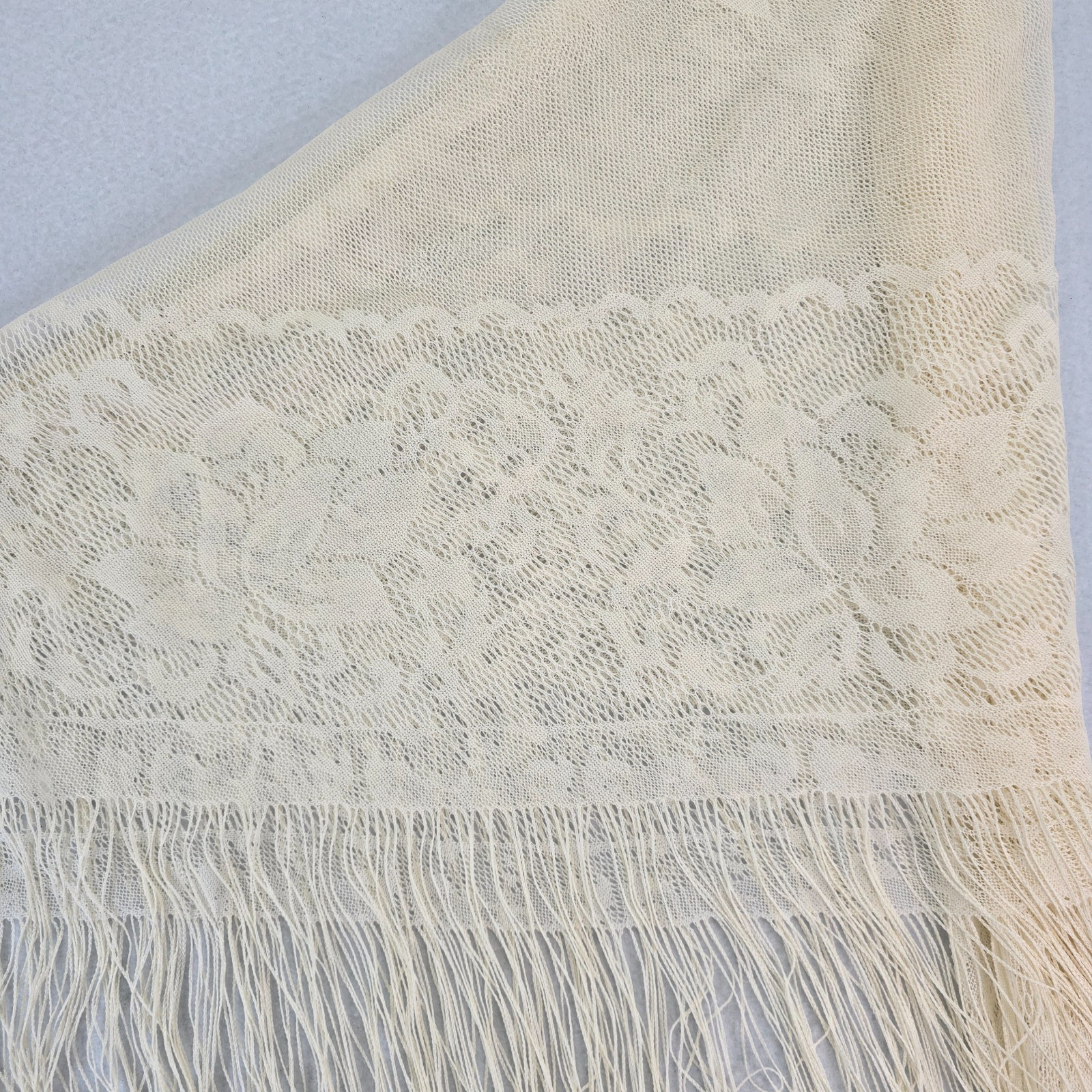 Vintage Large Woven Shawl with Fringe Floral Boho Made In Japan Cream