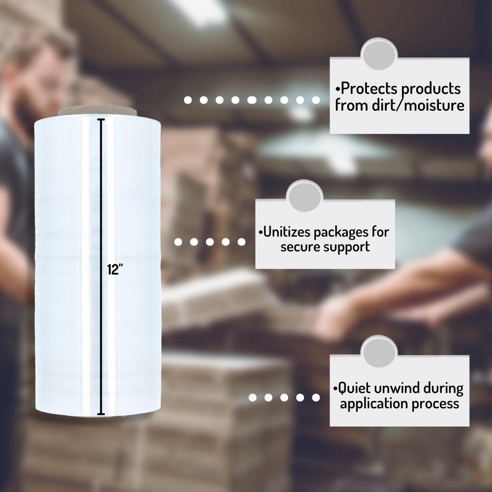 12" x 1500' 65 Gauge Cast Hand Stretch Wrap Clear Plastic Stretch Film 4 Rolls