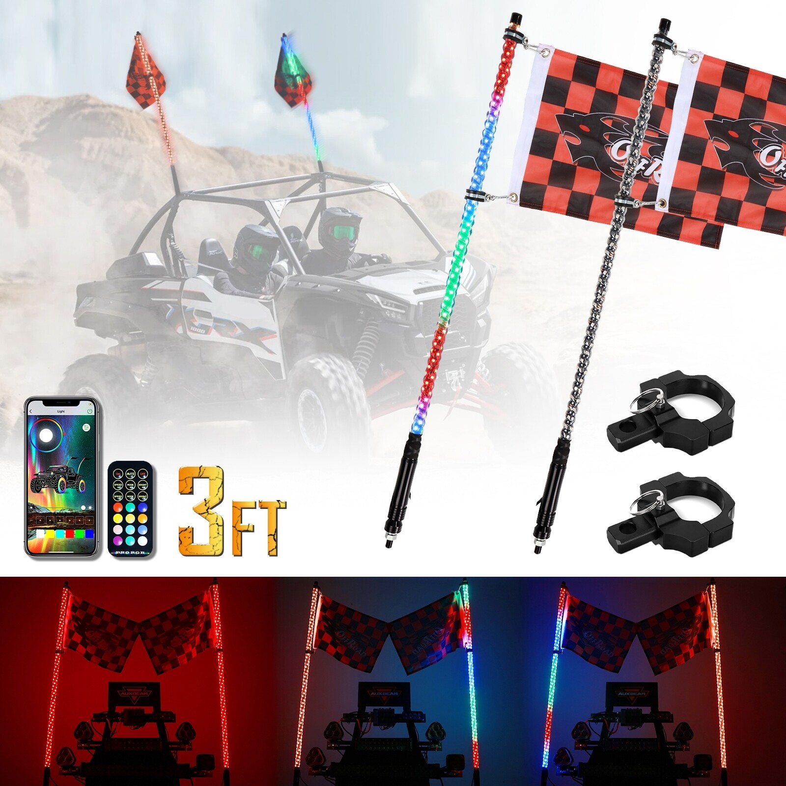 AUXBEAM Pair 3FT Sprial RGB LED Whip Lights+Roll Cage Mount Bracket Off-road UTV