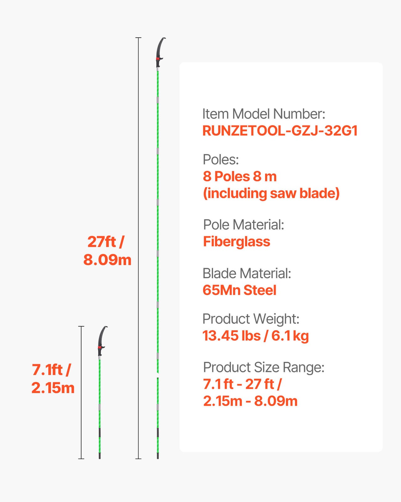 VEVOR Manual Pole Saw Extendable Pole Tree Pruner 3.87-27 ft 65Mn Steel Blade