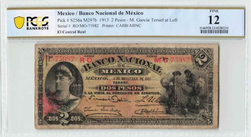 1913 Banco Nacional De Mexico two Pesos Banknote Series RO P #S256a PCGS F 12
