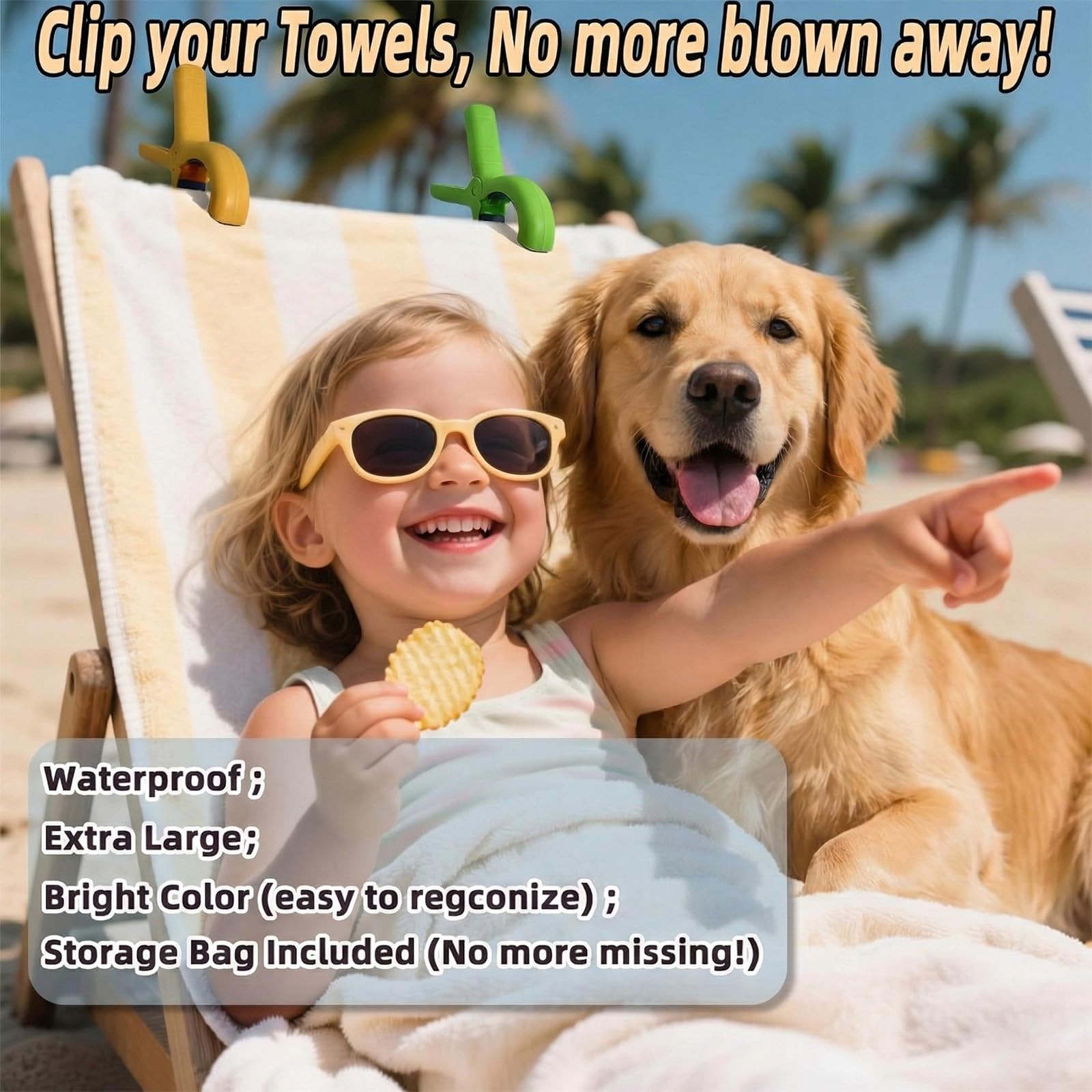 Large Beach Towel Clips for Beach Chairs, 6 Pcs Heavy Duty Towel Holder for C...