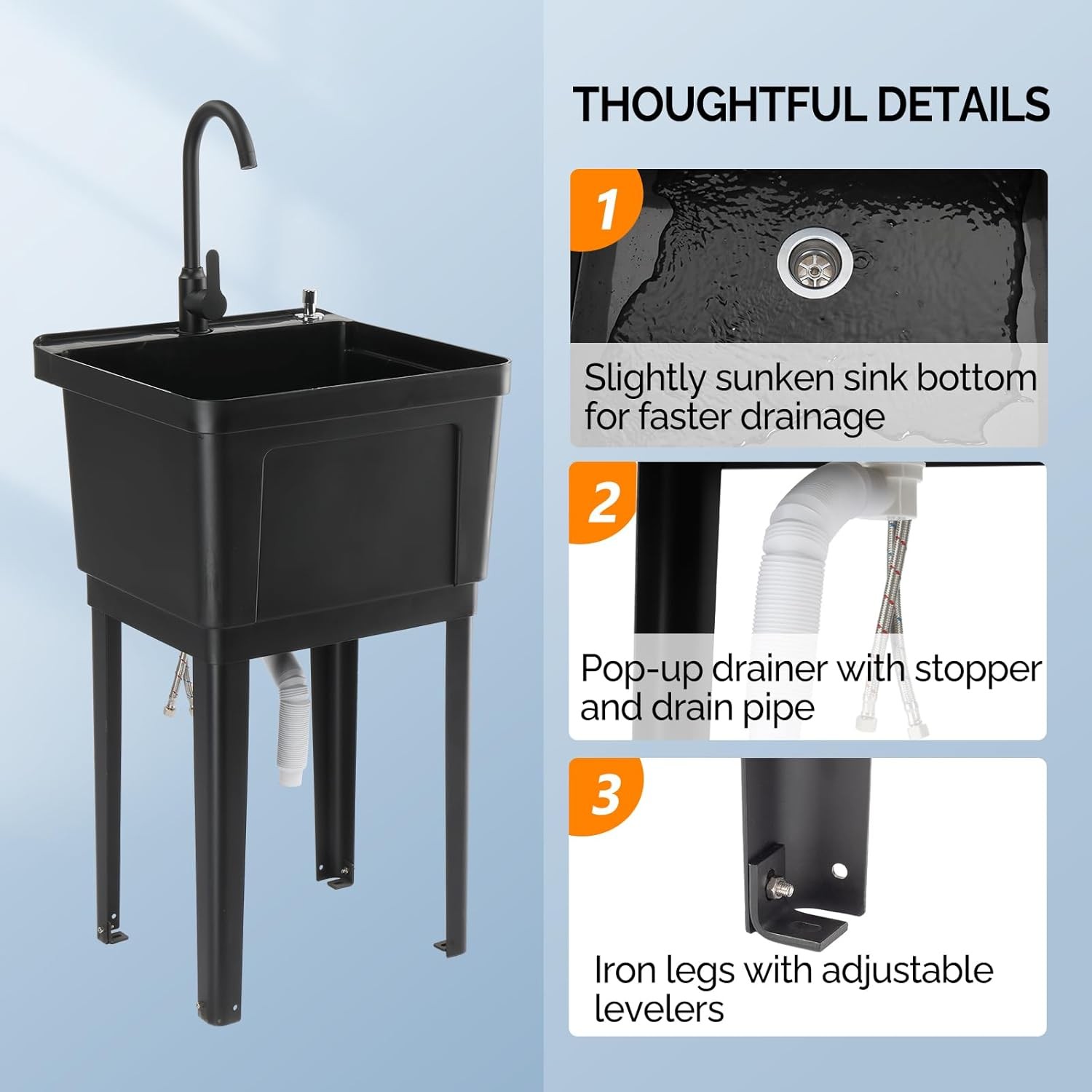 Garage Freestanding Plastic Utility Sink with Hot/Cold Faucet & Soap Dispenser