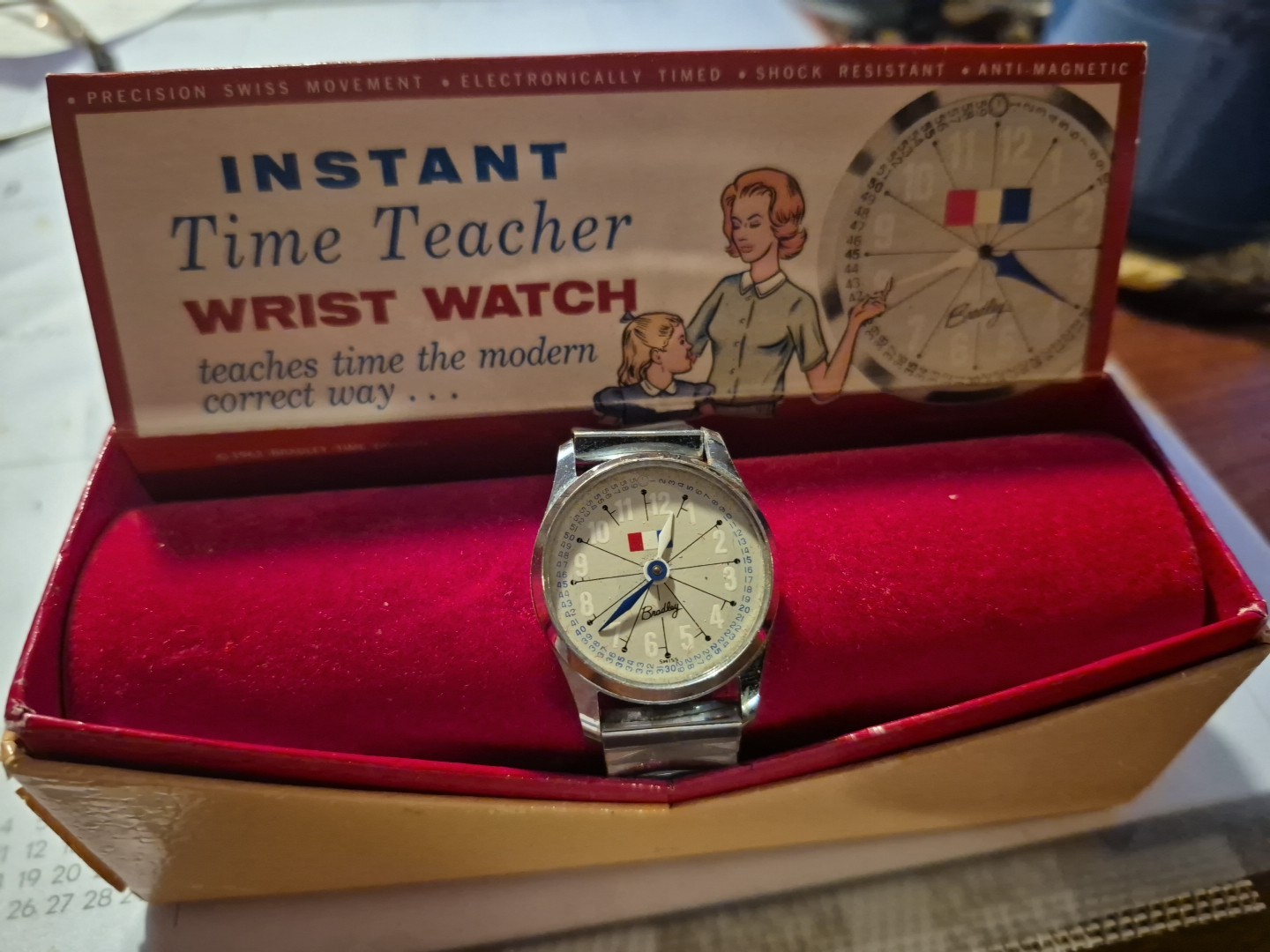 Vintage Bradley Time Instant Teacher Wrist Watch W/ Original Case Swiss Not Work