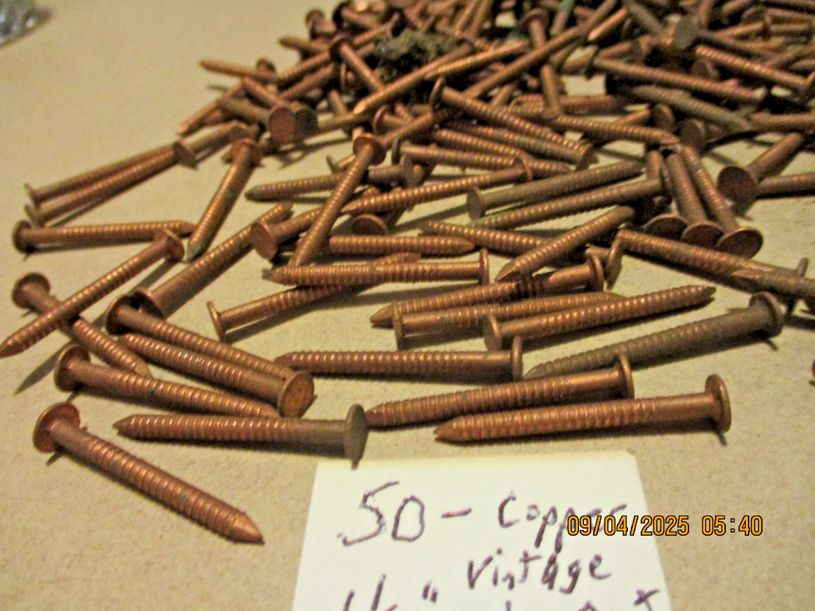 50--VINTAGE COPPER RIBBED BOAT NAILS 1 1/4” LONG X 1/8" SHANK & 1/4” WIDE HEAD