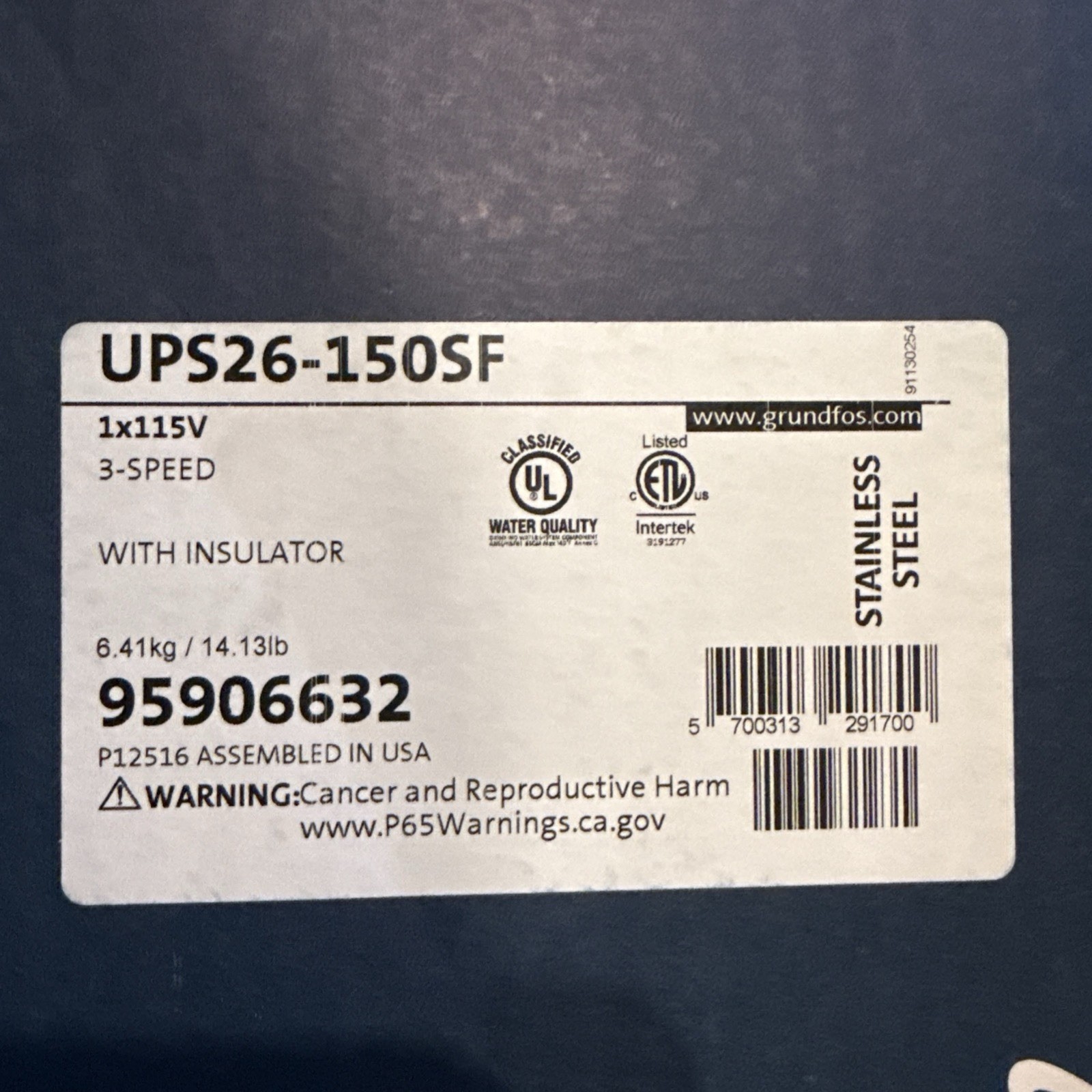 New GRUNDFOS, 95906632, UPS26-150SF, 3-Speed, Stainless Steel, Circulator Pump