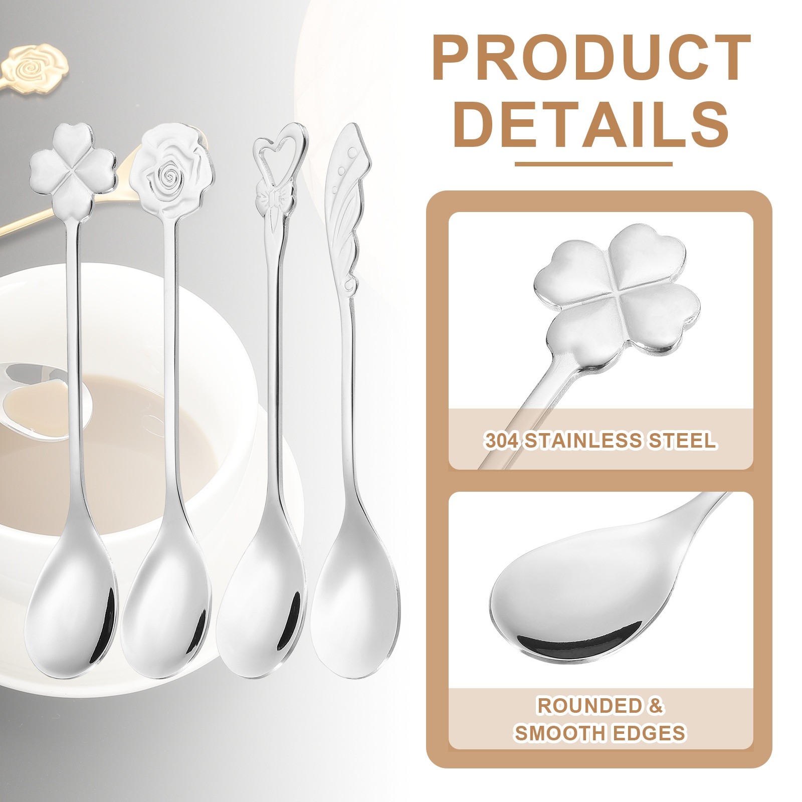 4pcs Coffee Spoons, 4 Shapes Tea Spoons Stainless Steel, Silver