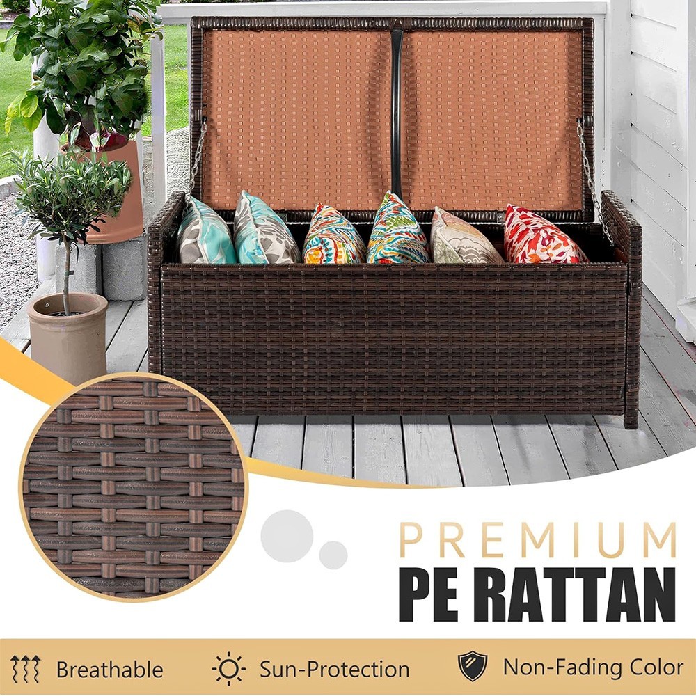 WICKER DECK OUTDOOR STORAGE BOX RATTAN BENCH HAND-WOVEN WITH CUSHION 55 GALLON