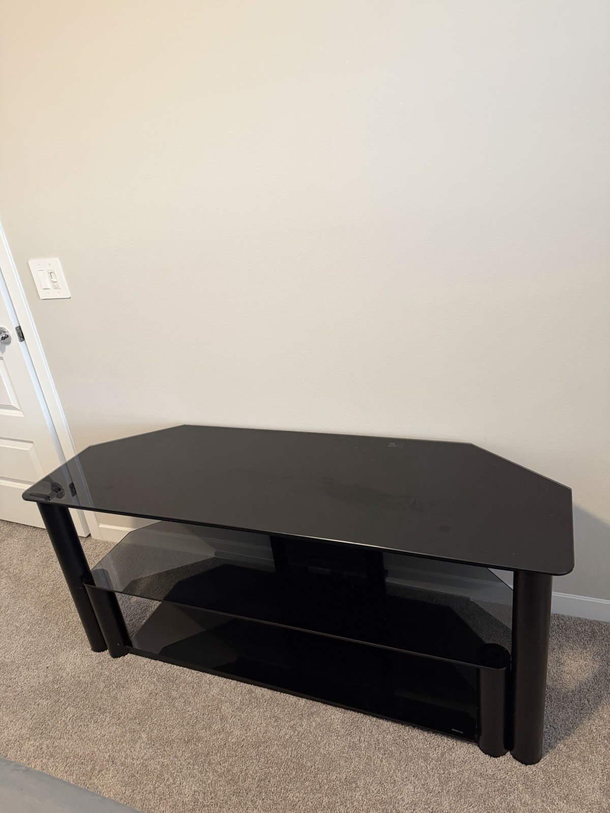 Black Glass Corner TV Stand with 2 Shelves, Open Storage, Modern Style