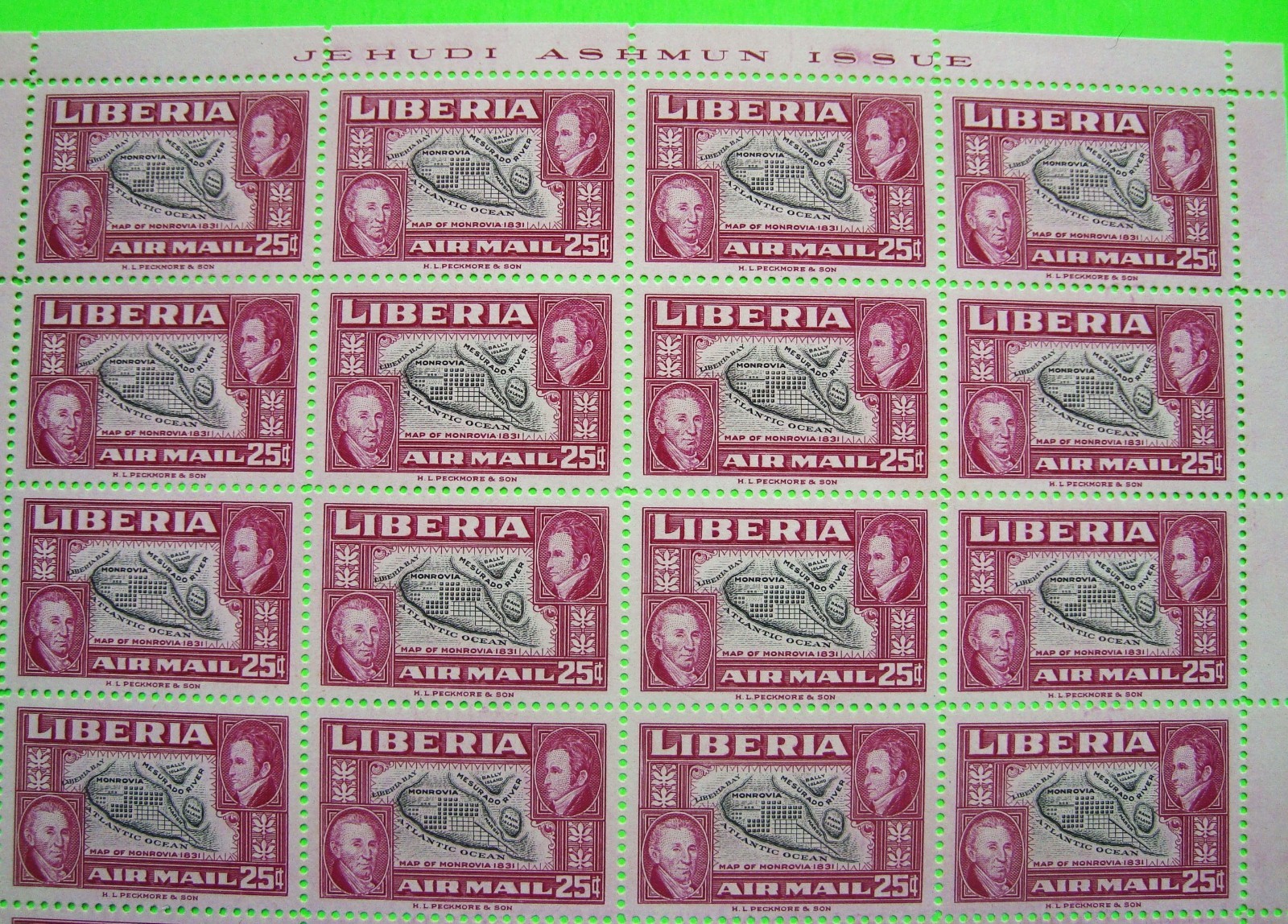 1952 LIBERIA JEHUDI ASHMUN ISSUE FULL SHEET / 20 Monrovia 25-Ct Air Mail Stamps