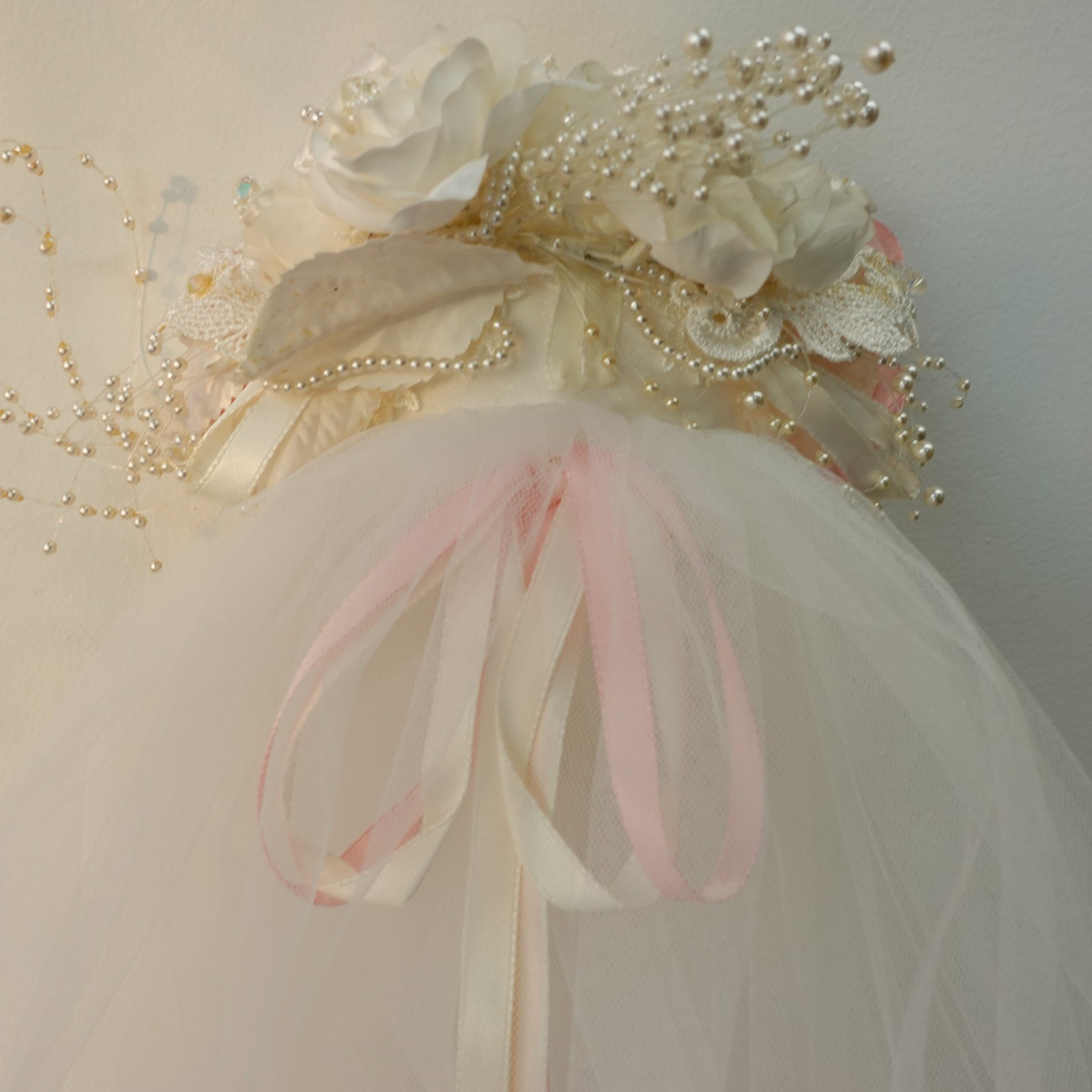 VTG Bridal Veil Headpiece White Floral Pearl Wreath Wedding Juliet Cap Tulle