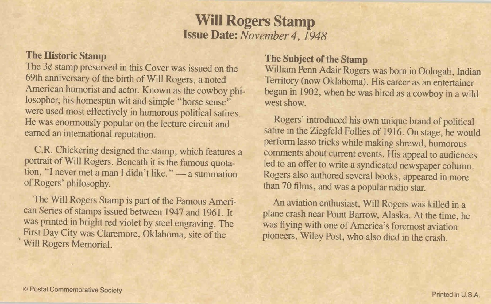 Historic Stamps of America: Will Rogers #975 - free shipping